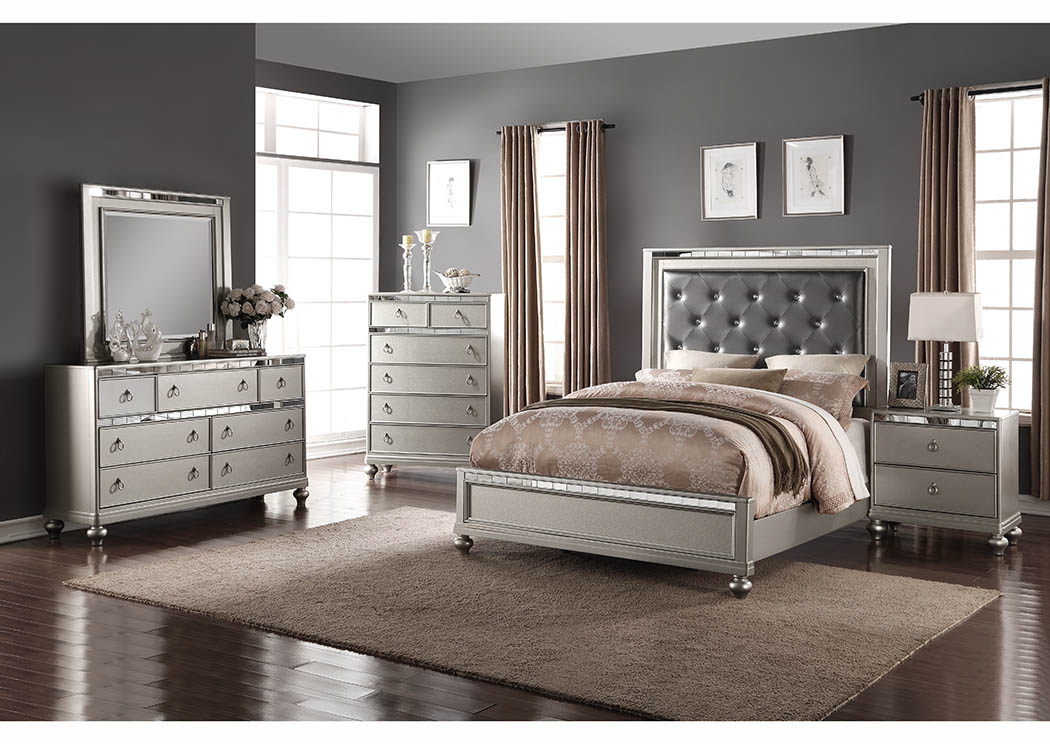 Silver Upholstered Platform Full/Queen Bed w/Mirror Accents,Furniture World Distributors