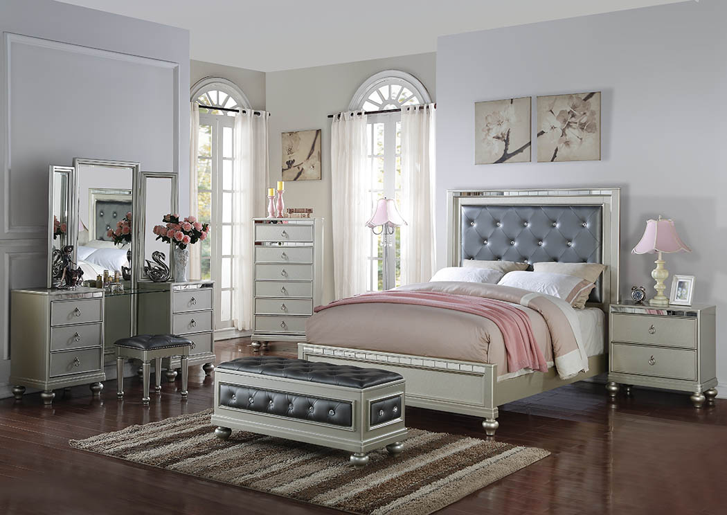 Silver Upholstered Platform Full/Queen Bed w/Dresser & Mirror Accents,Furniture World Distributors