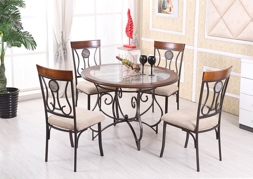 Walnut Round Dining Table w/Faux Marble & Metal Base,Furniture World Distributors