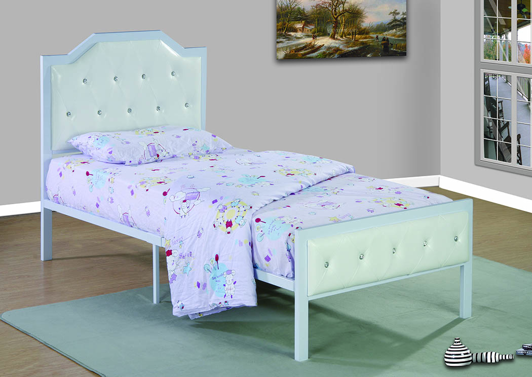 White Upholstered/Metal Twin Bed,Furniture World Distributors