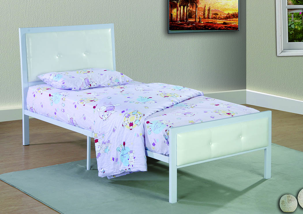 White Upholstered/Metal Twin Bed,Furniture World Distributors