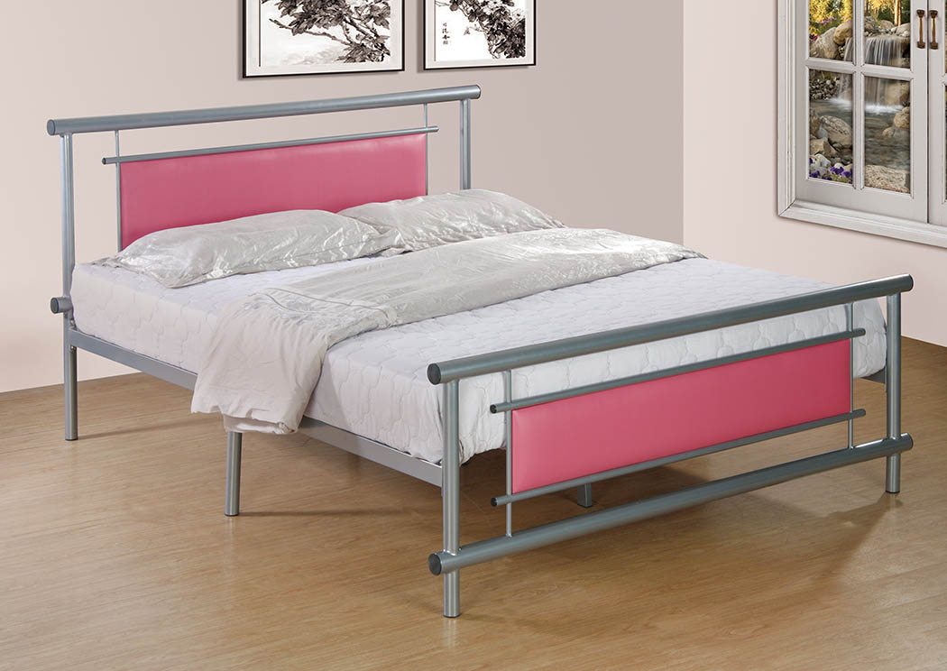 Pink Upholstered/Gray Metal Twin Bed,Furniture World Distributors