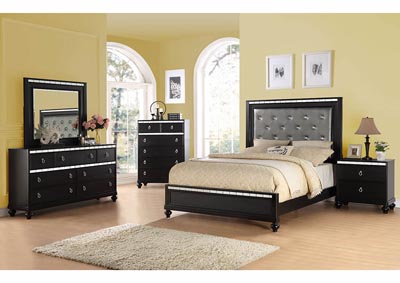 Black Upholstered Platform Full/Queen Bed w/Mirror Accents