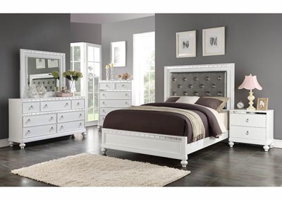 White Upholstered Platform Full/Queen Bed w/Mirror Accents