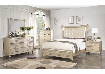 Gold Upholstered Platform Full/Queen Bed w/Mirror Accents