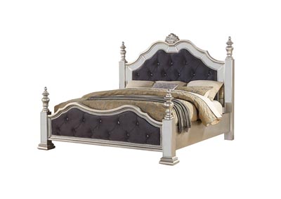 Silver Upholstered Low-Poster Queen Bed w/Mirror Accents