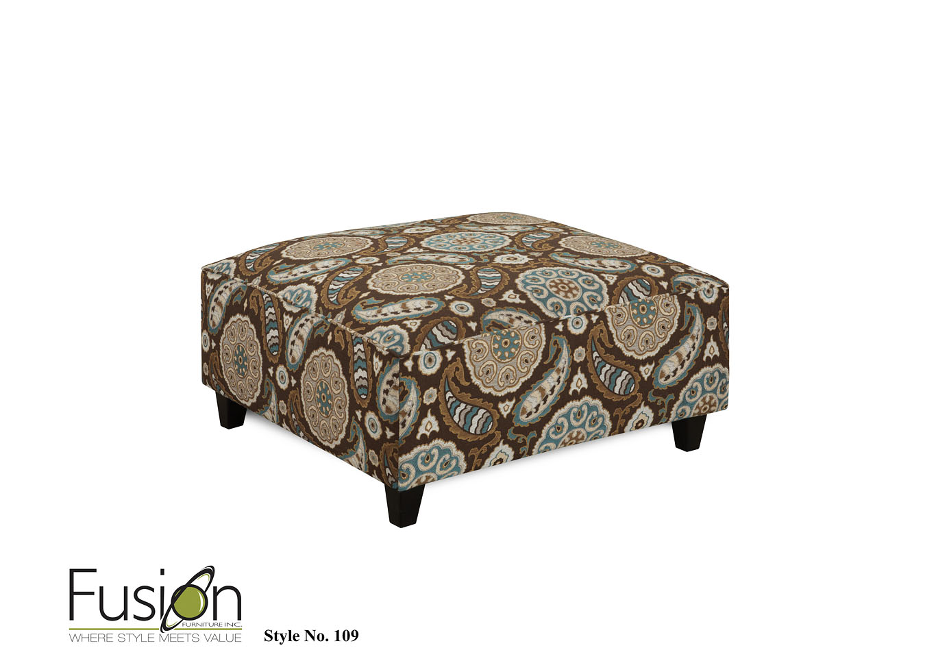 Anna White Linen Artisan Turquoise Cocktail Ottoman,Fusion Furniture Inc