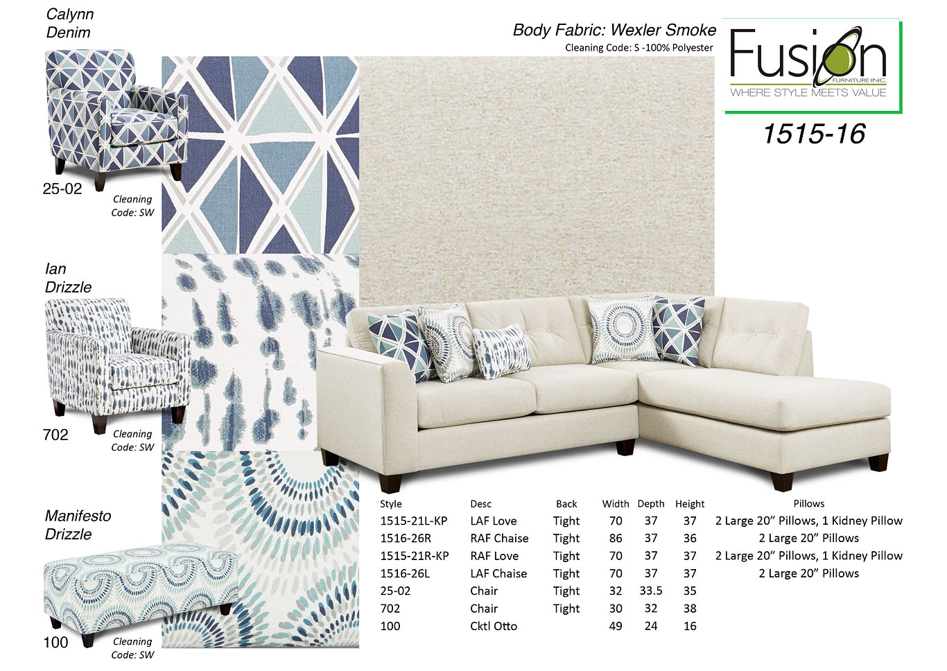 16 Wexler Smoke Wexler Smoke Loveseat w/Chaise,Fusion Furniture Inc