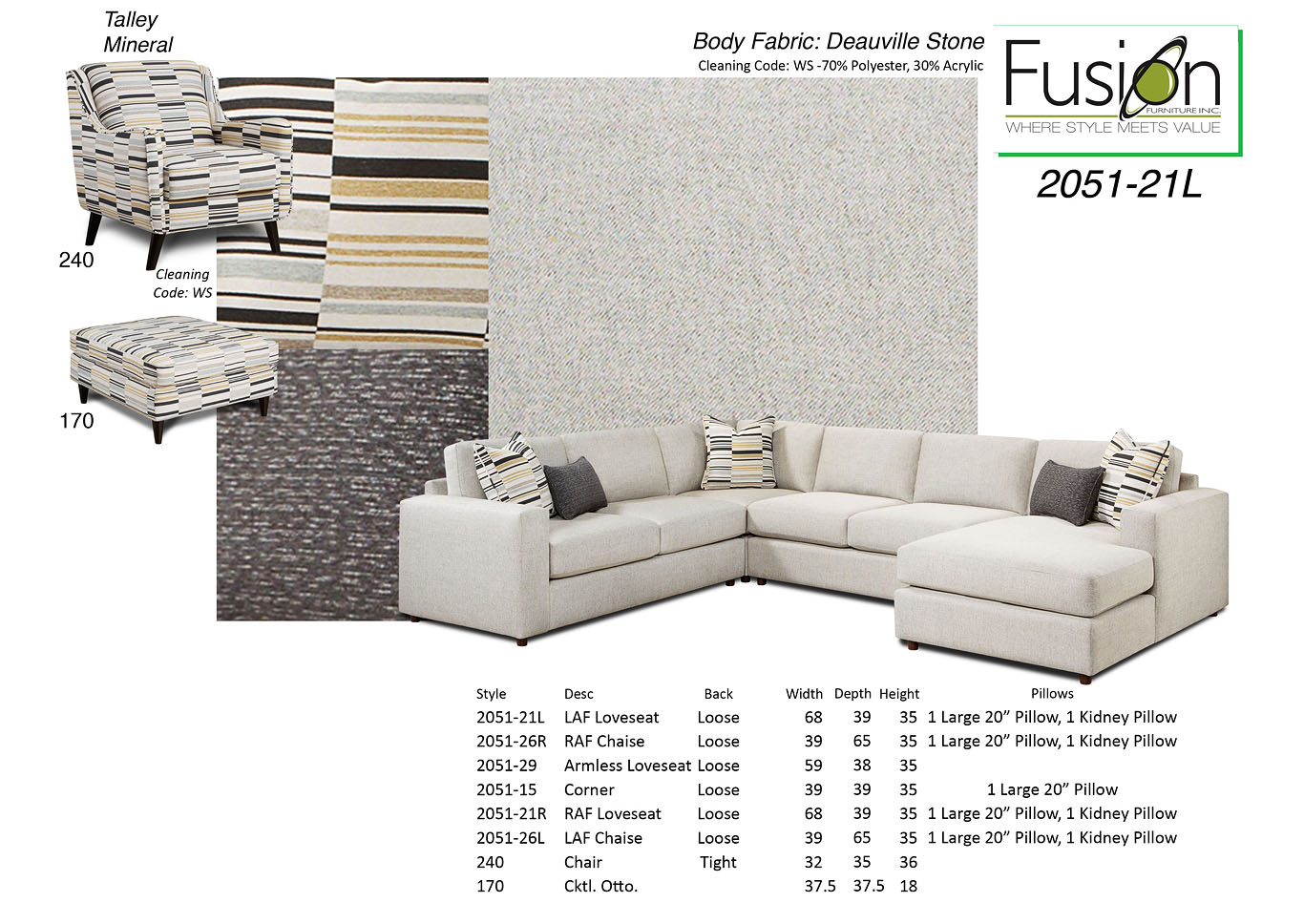 Deauville Stone Deauville Stone Loveseat w/Chaise,Fusion Furniture Inc