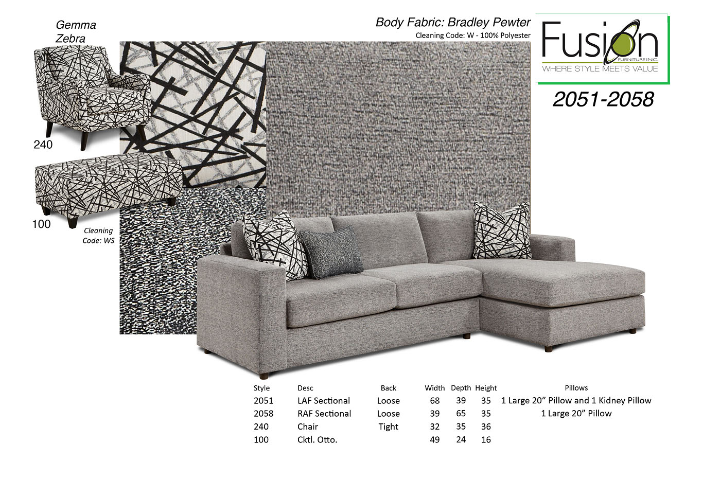Bradley Pewter Bradley Pewter Loveseat w/Chaise,Fusion Furniture Inc