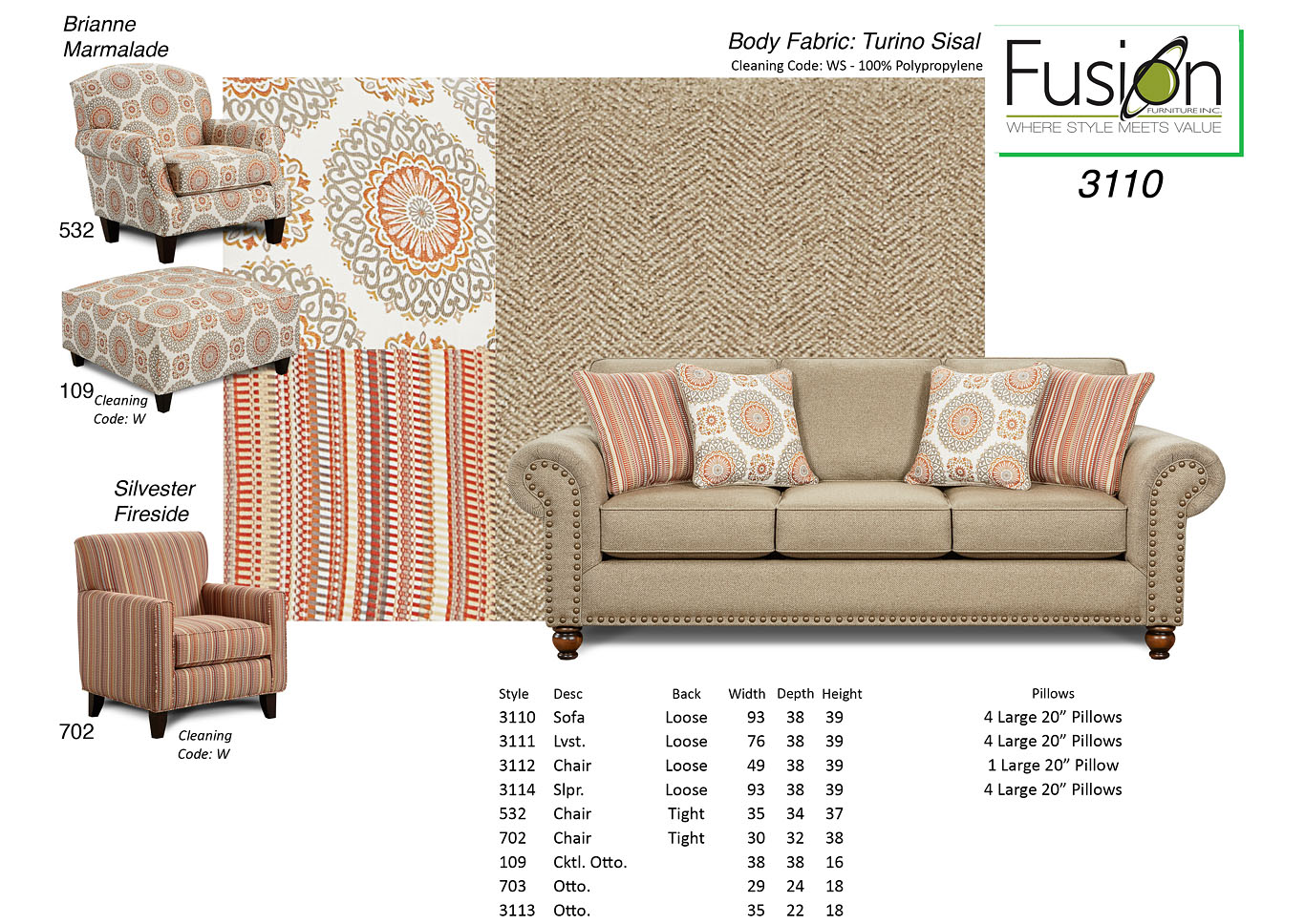 Turino Sisal (Revolution) Turino Sisal Sofa,Fusion Furniture Inc