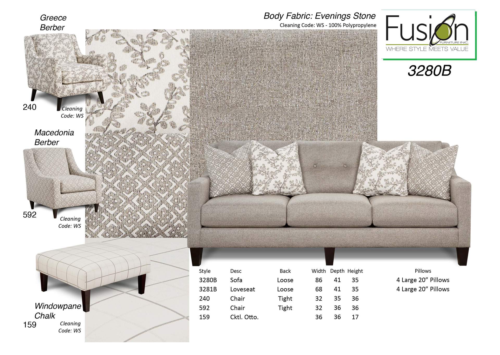 Evenings Stone (Revolution) Evenings Stone Sofa w/Loveseat,Fusion Furniture Inc