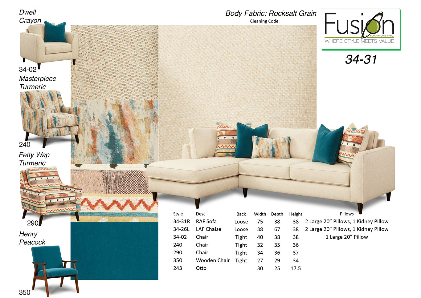 Rocksalt Grain (Revolution) Raf Sofa  w/Chaise,Fusion Furniture Inc