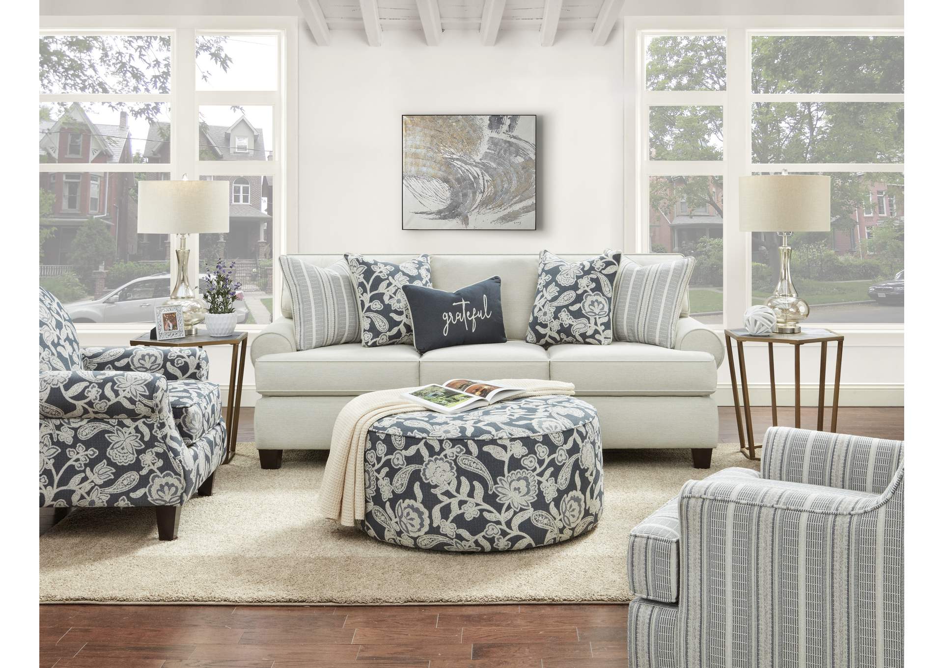 Awesome Oatmeal (Revolution) Sophie Indigo Cocktail Ottoman,Fusion Furniture Inc