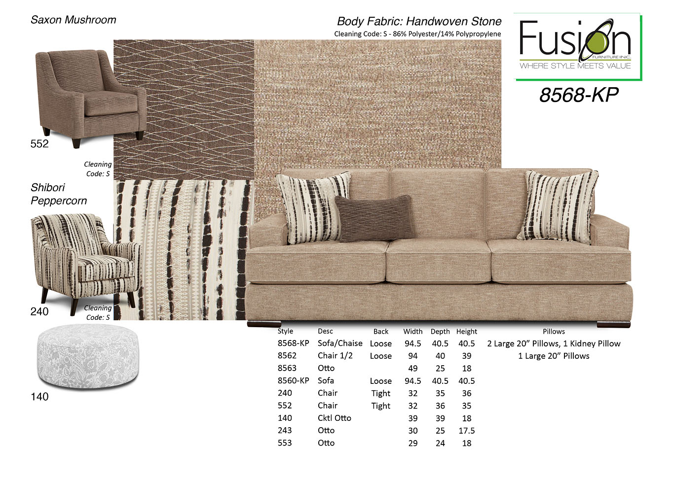 Handwoven Stone Handwoven Stone Sofa/Chaise,Fusion Furniture Inc