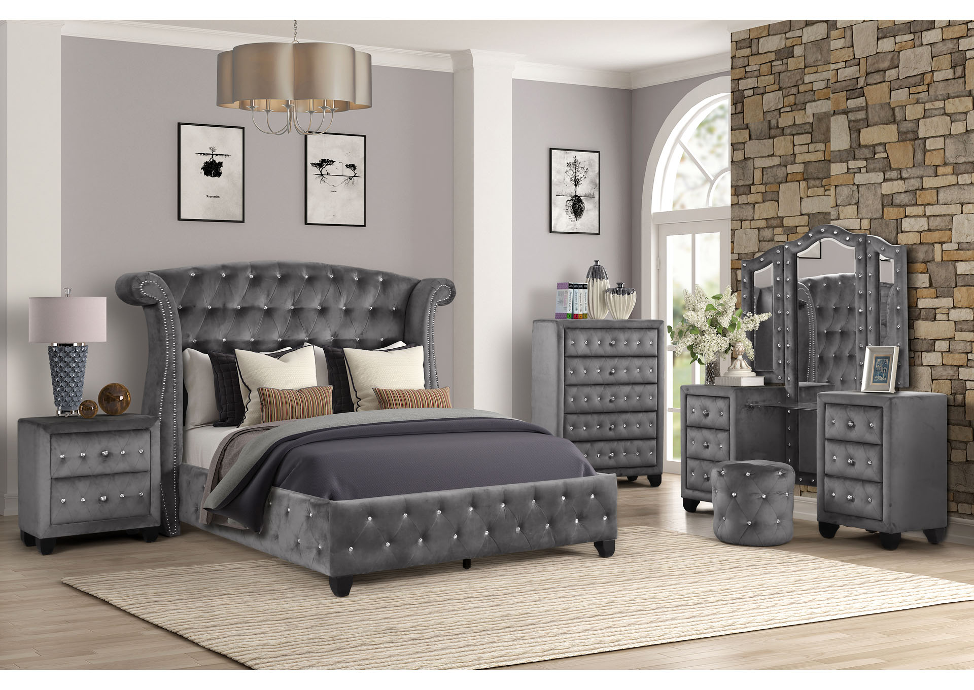 Queen 4 Piece Upholstered Bedroom Set W/ Vanity,Galaxy Home Furniture