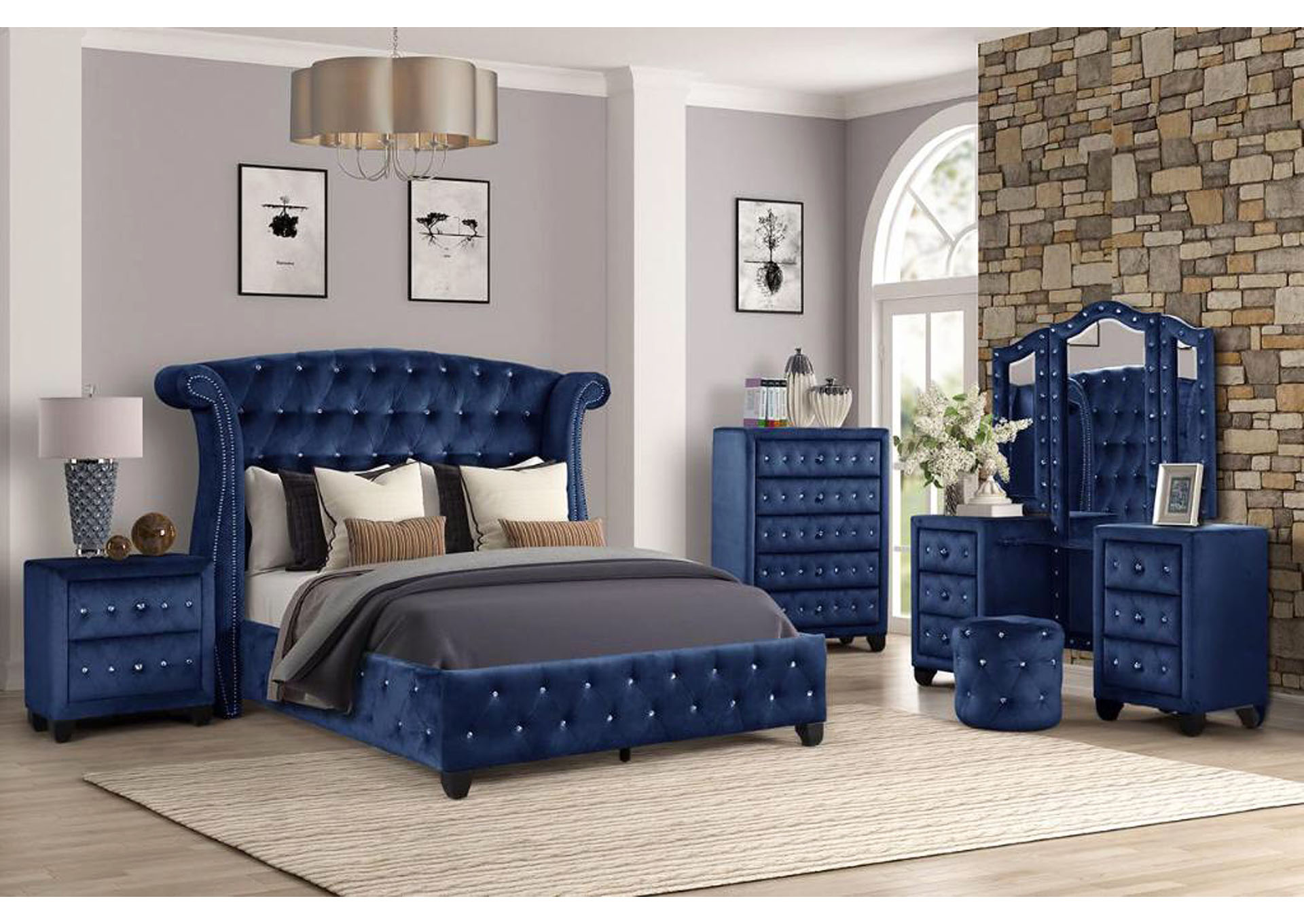 Queen 4 Piece Upholstered Bedroom Set W/ Vanity,Galaxy Home Furniture