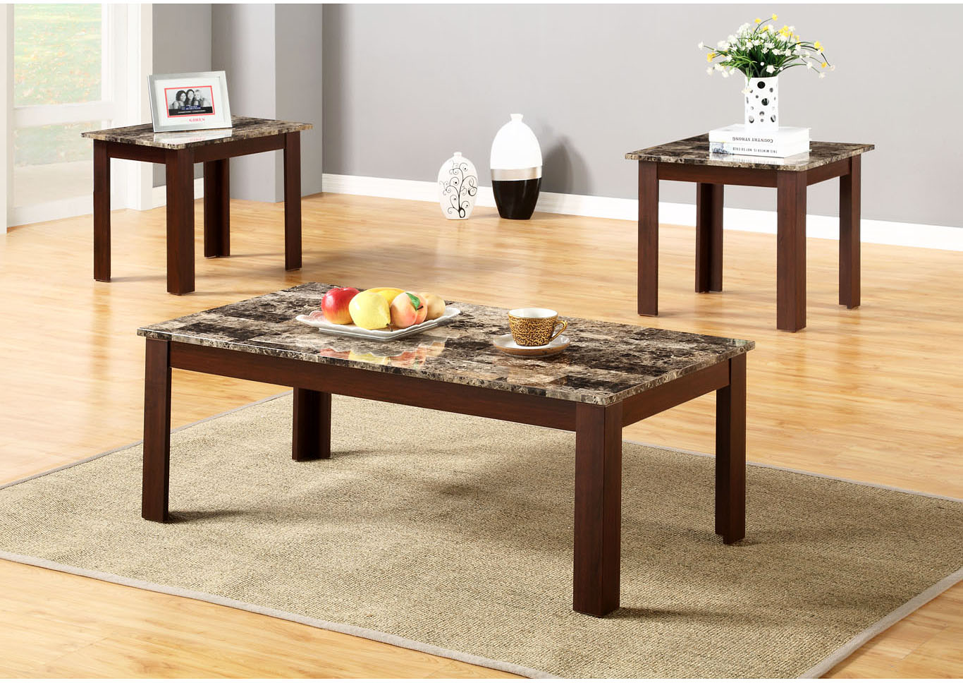Brown 3 Piece Faux Marble Top Coffee And End Table Set,Global Trading