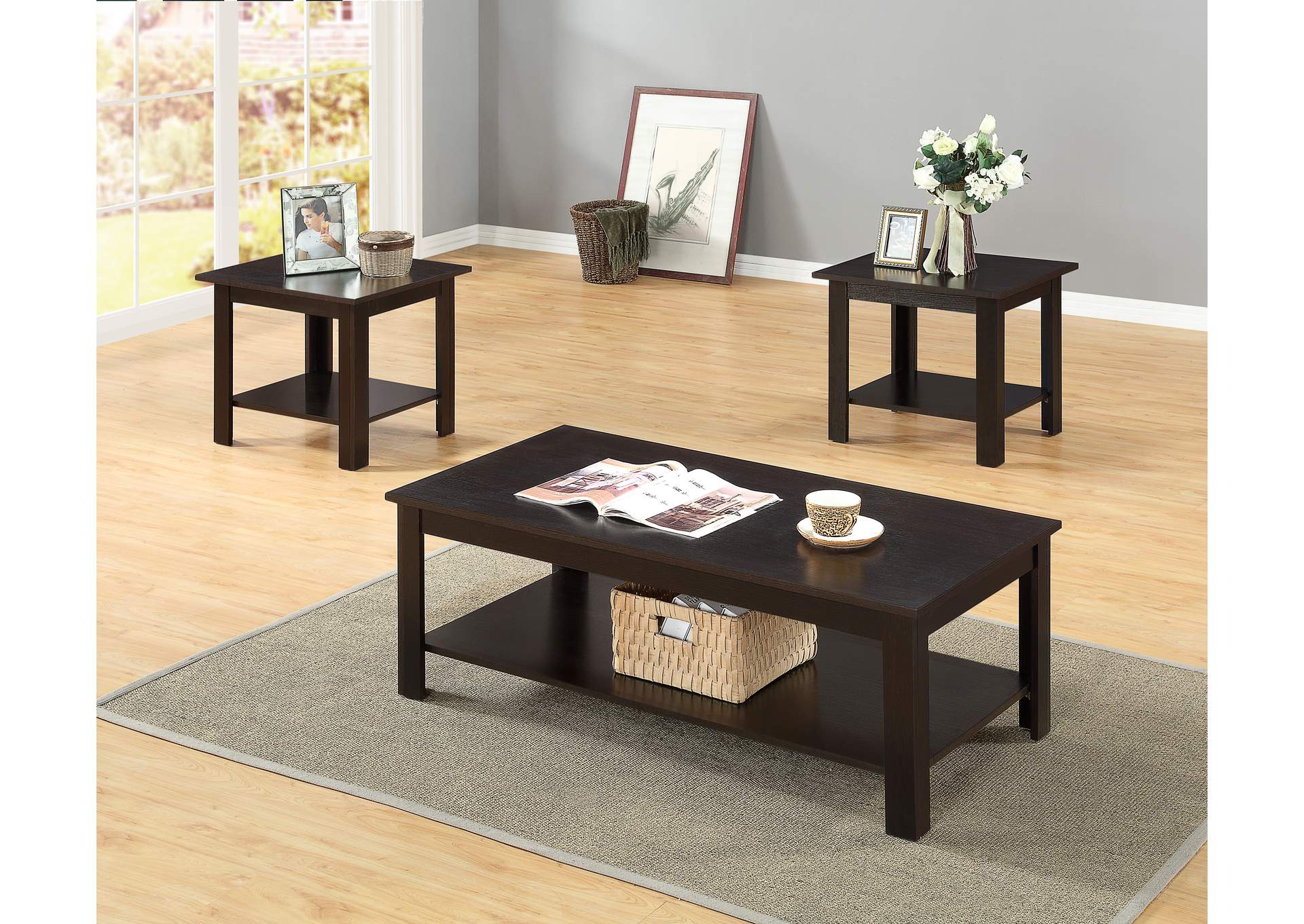 3316C 3 Piece Cappuccino Coffee And End Table Set,Global Trading