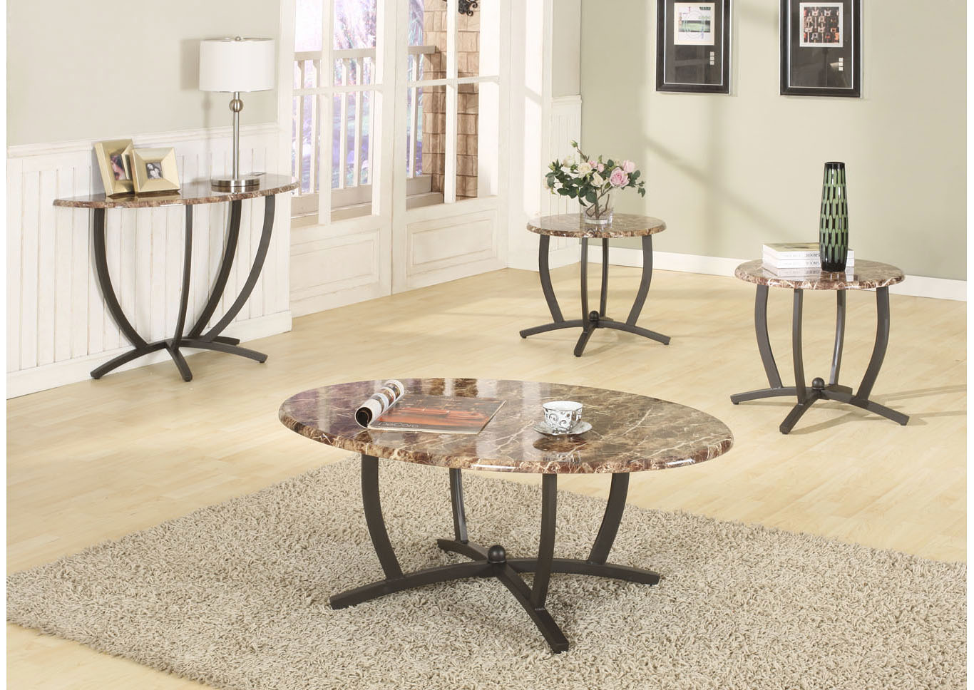 Brown 3 Piece Faux Marble Coffee & End Table Set,Global Trading