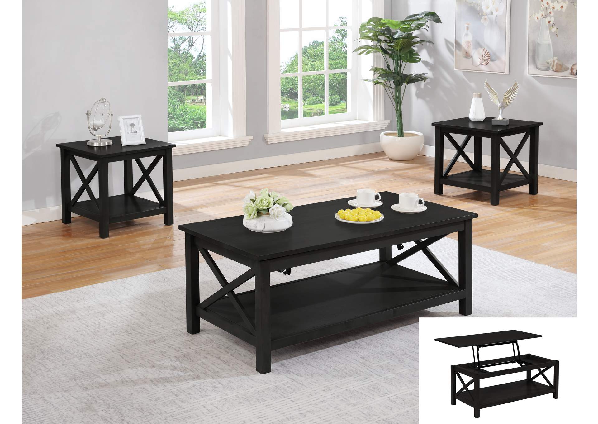 3395K 3 Piece Lift Top Cocktail Table Set Black,Global Trading