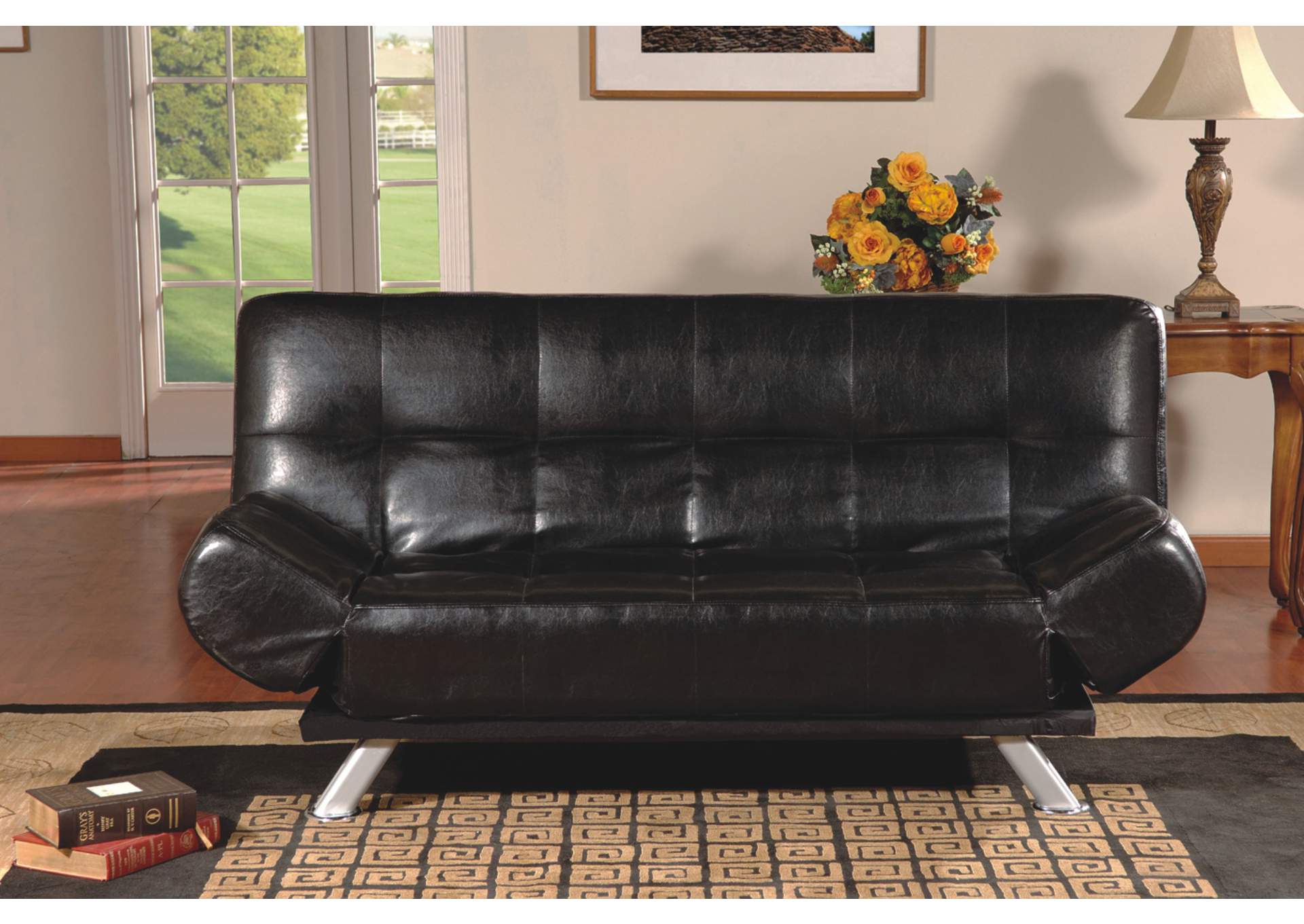 4416K Black Pvc Click - Clack Futon Sofa With Adjustable Arms,Global Trading