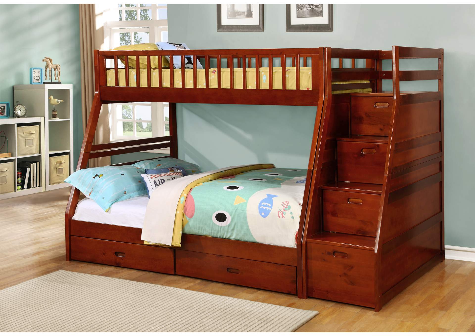 4474C Walnut Twin - Full Bunk Bed With Storage Stairecase,Global Trading