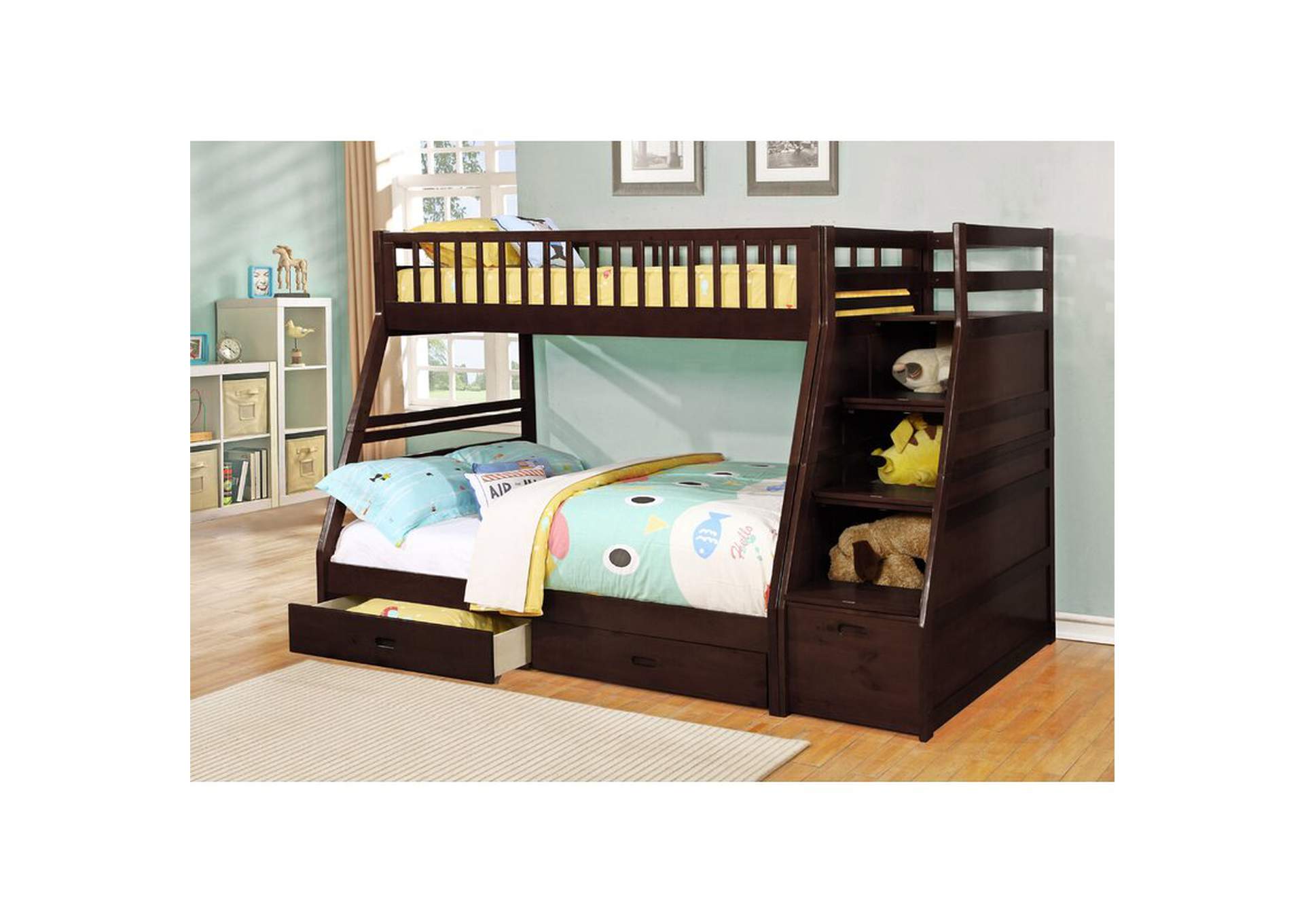 4474D Java Twin - Full Bunk Bed With Storage Stairecase, Box A,Global Trading