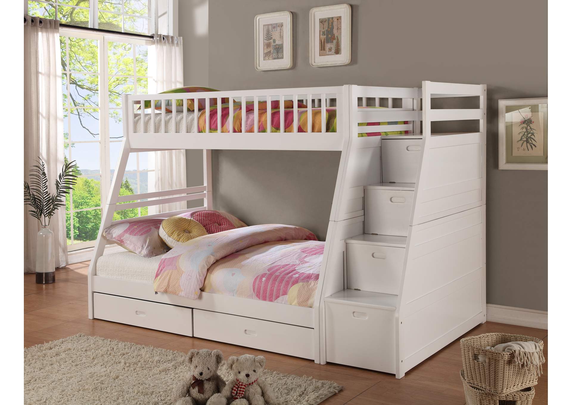 4474W White Twin - Full Bunk Bed With Storage Stairecase, Box A,Global Trading