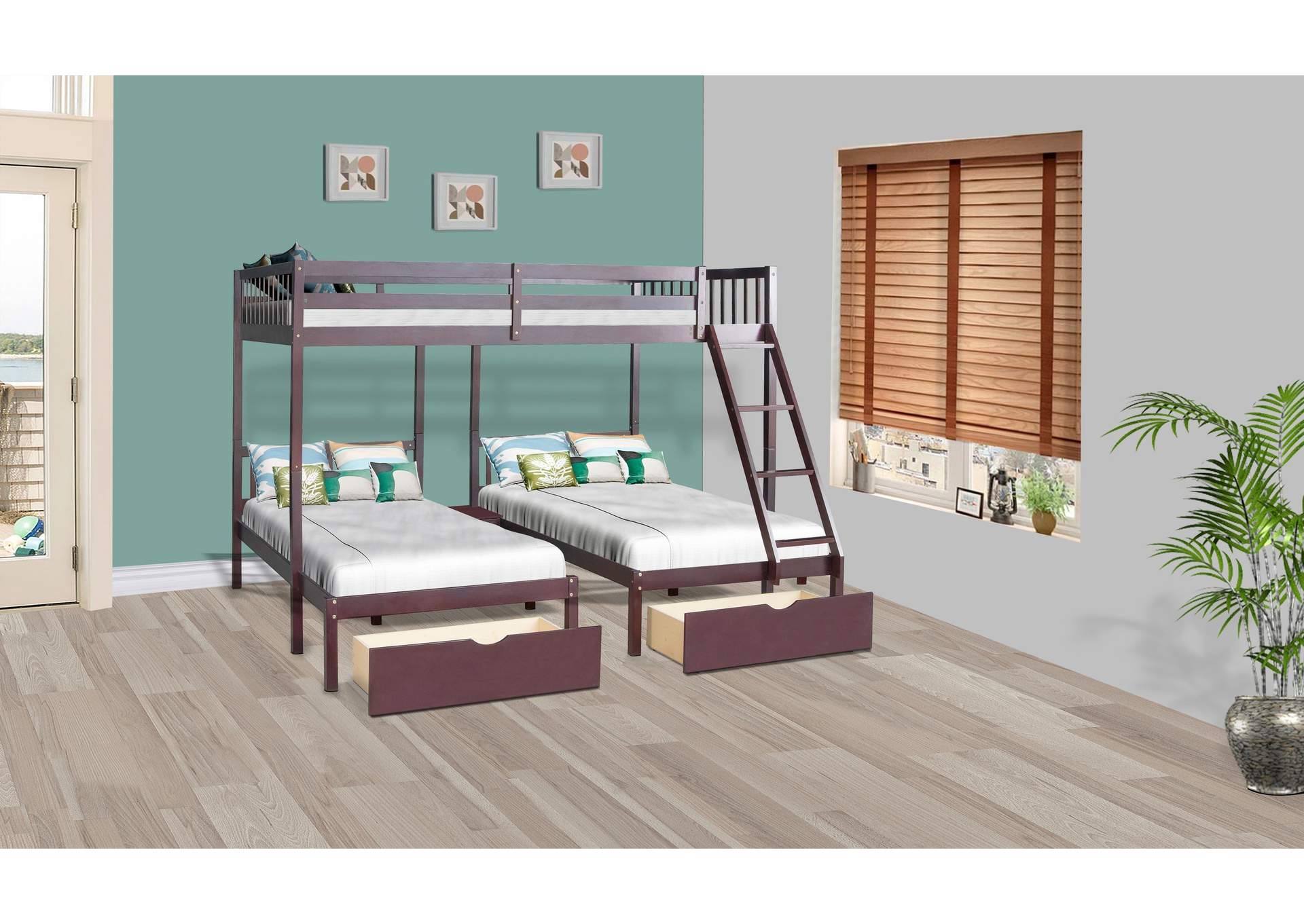 4475E Espresso Triple Bunk Bed With Drawer,Global Trading