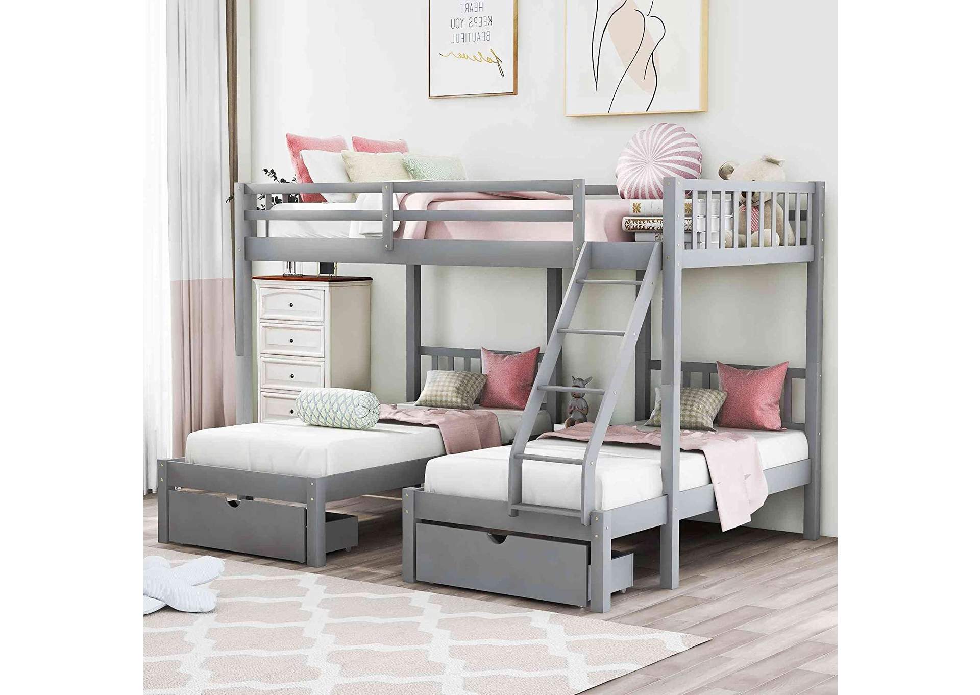 4475G Grey Triple Bunk Bed With Drawer,Global Trading