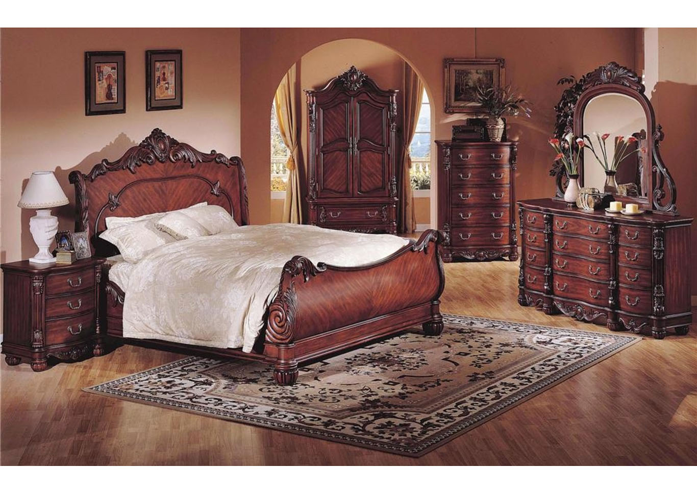 Queens Rich Cherry Sleigh Queen 4 Piece Bedroom Set W/ Nightstand, Dresser & Mirror,Global Trading
