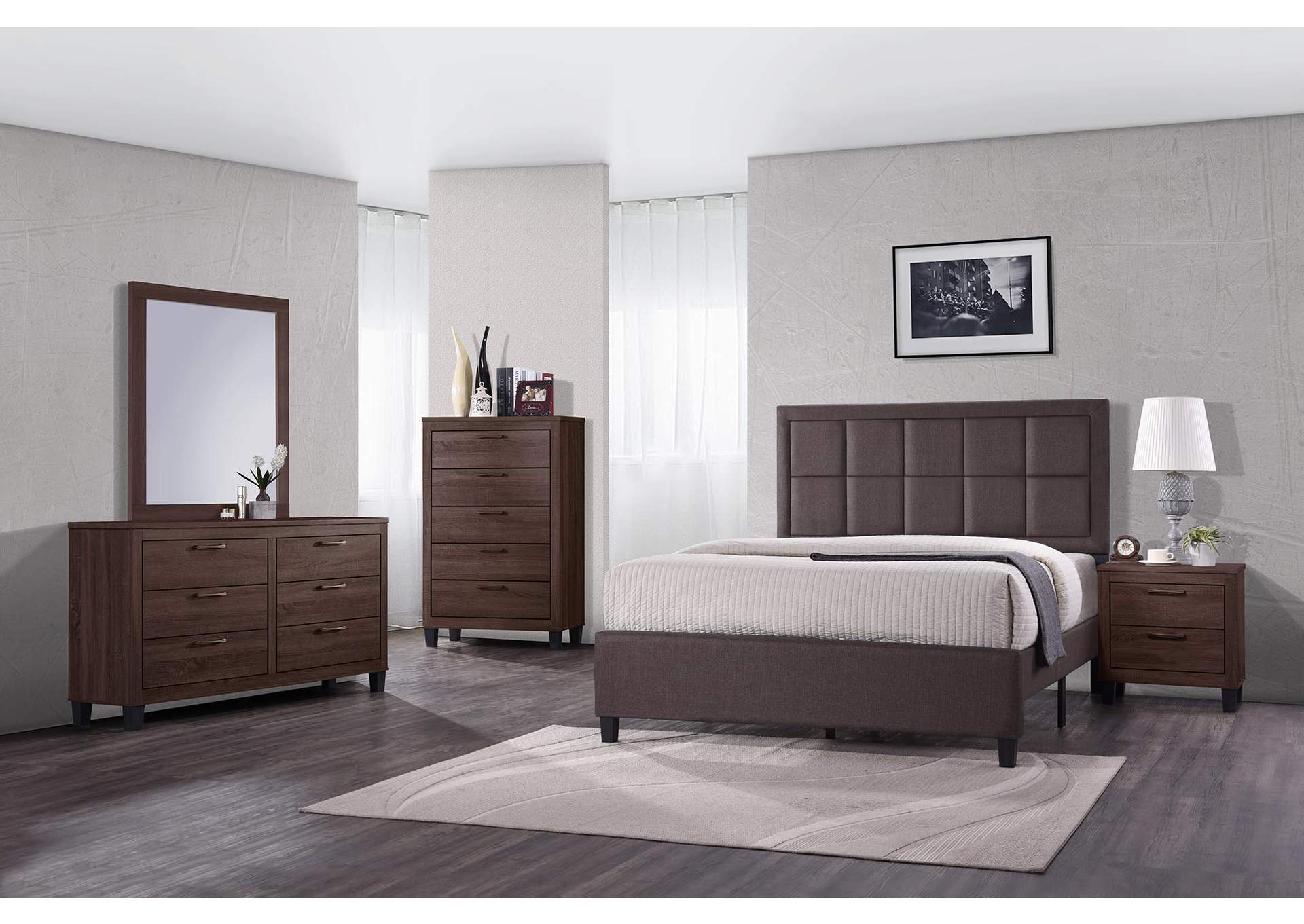 Grey & Brown Panel Queen 6 Piece Bedroom Set W/ 2 Nightstand, Chest, Dresser & Mirror,Global Trading