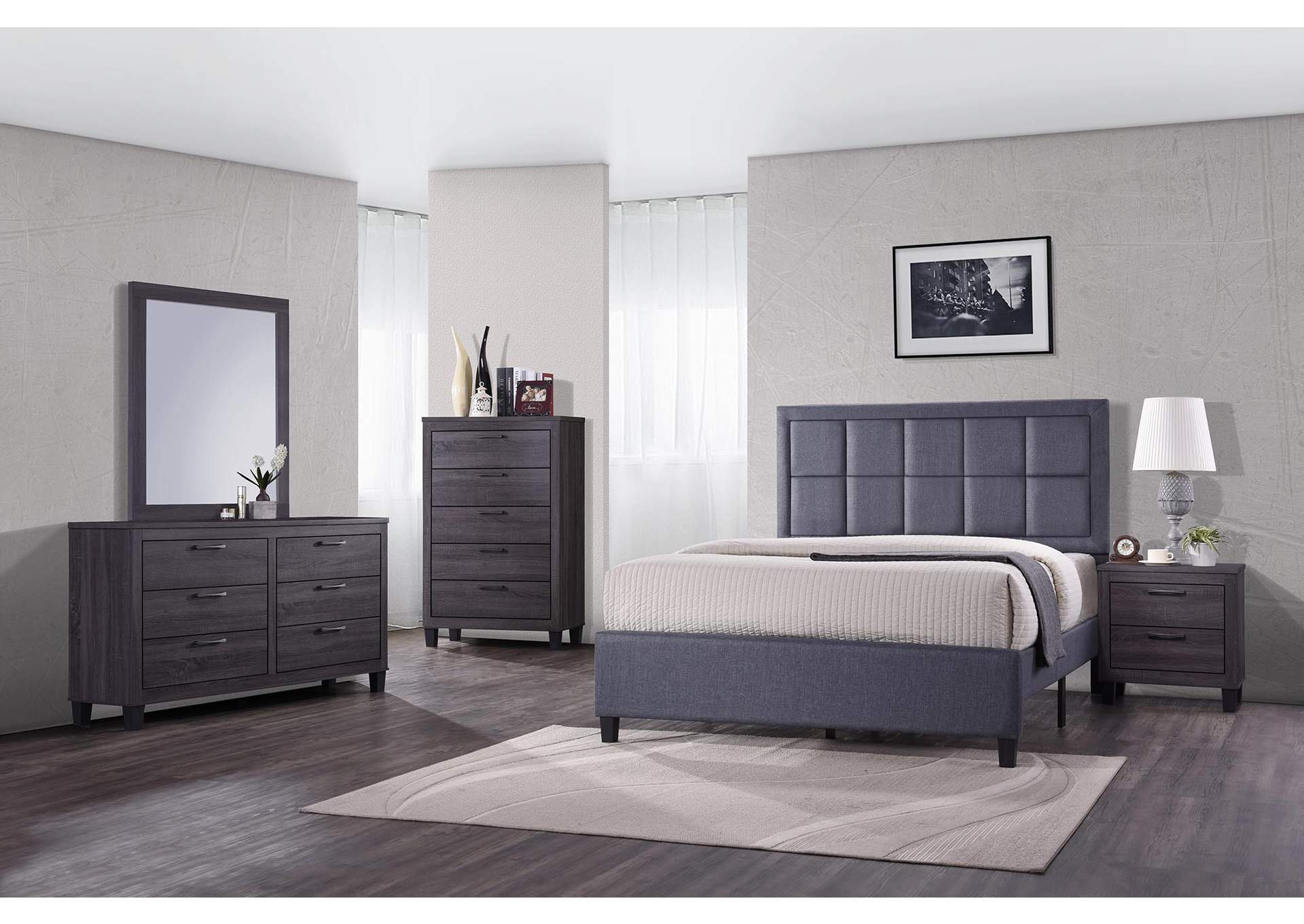 Blue Grey Panel Queen 4 Piece Bedroom Set W/ Nightstand, Dresser & Mirror,Global Trading
