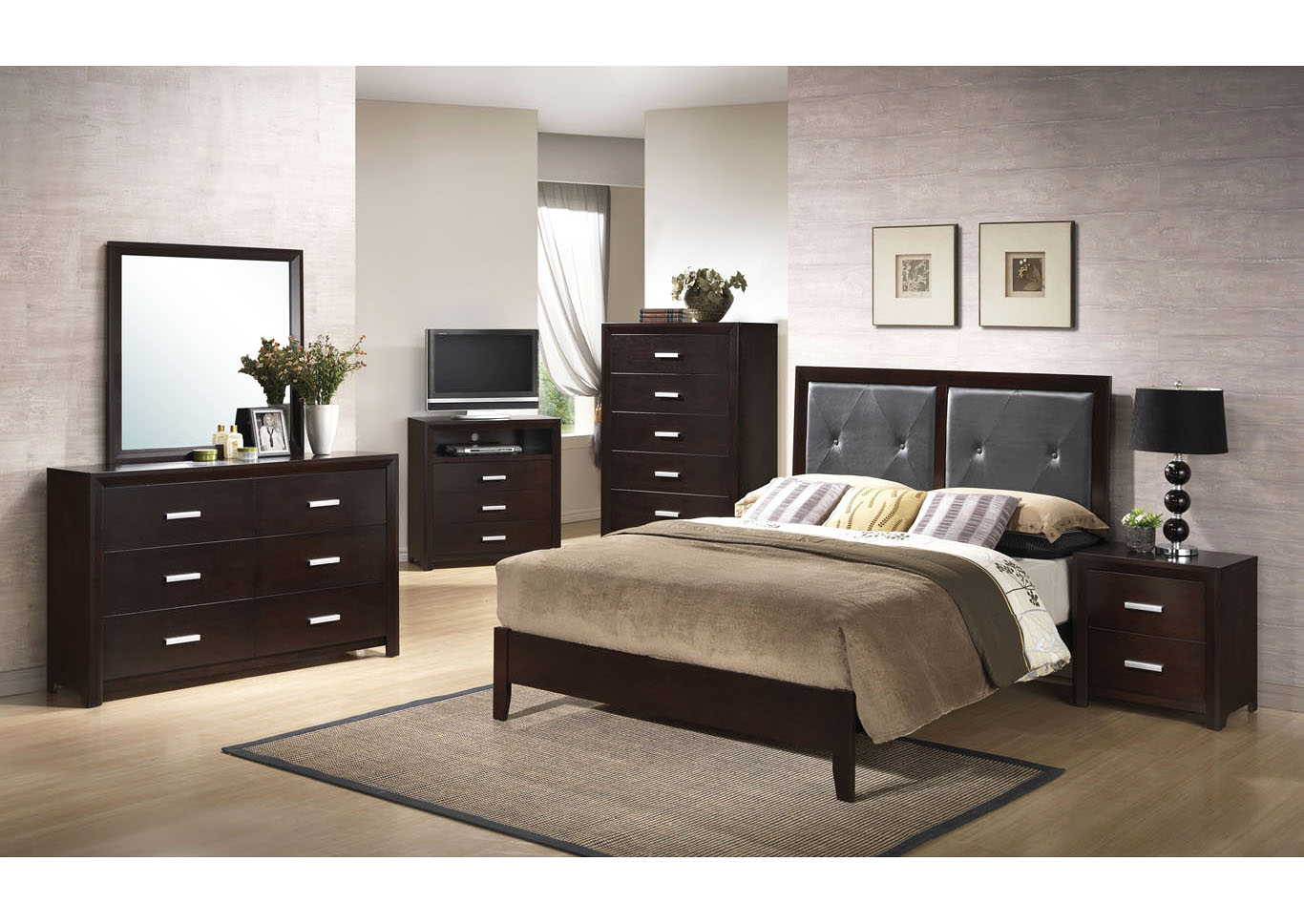 Cappuccino Panel Queen 6 Piece Bedroom Set W/ 2 Nightstand, Chest, Dresser & Mirror,Global Trading