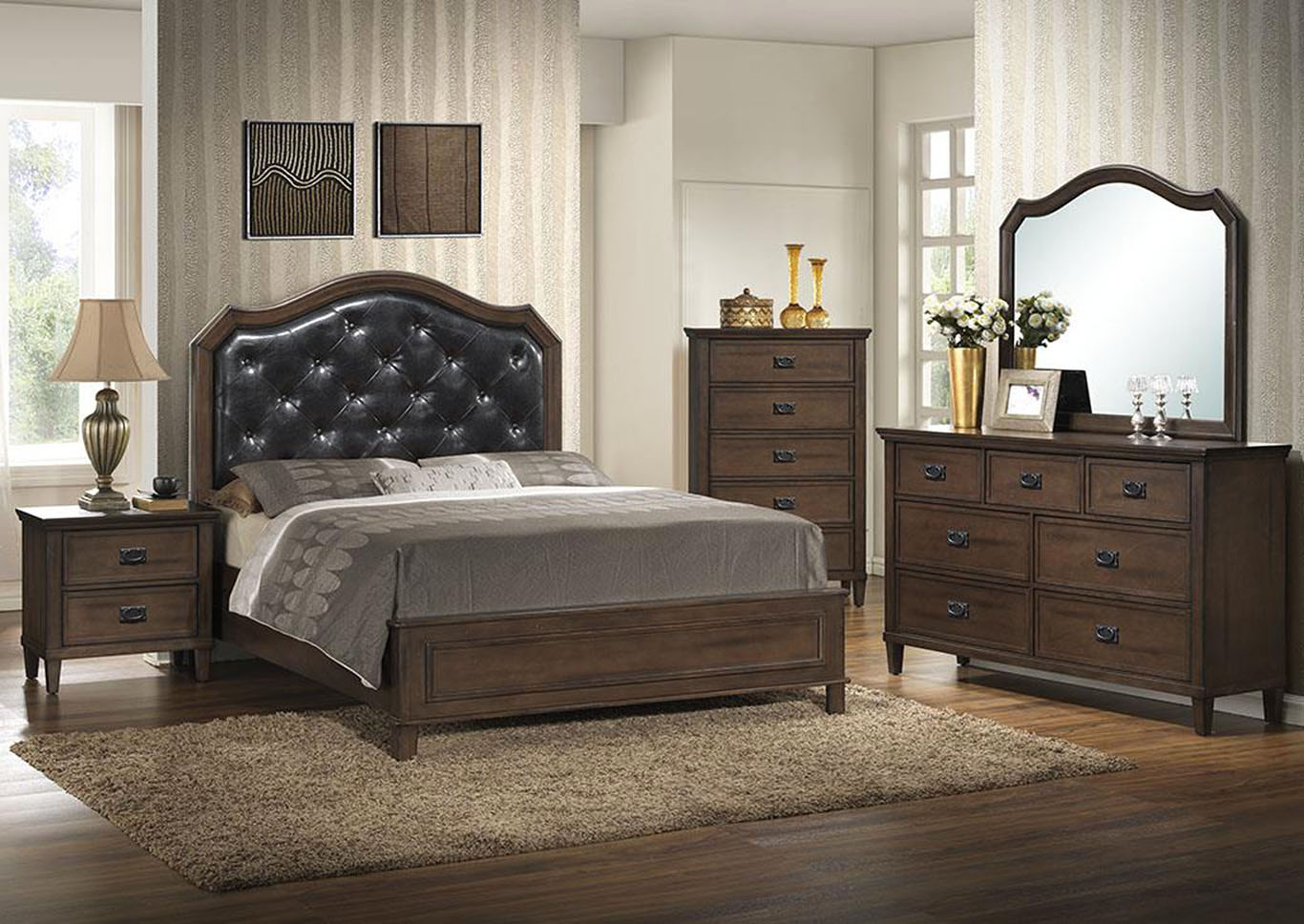Brown Panel Queen 5 Piece Bedroom Set W/ Nightstand, Chest, Dresser & Mirror,Global Trading