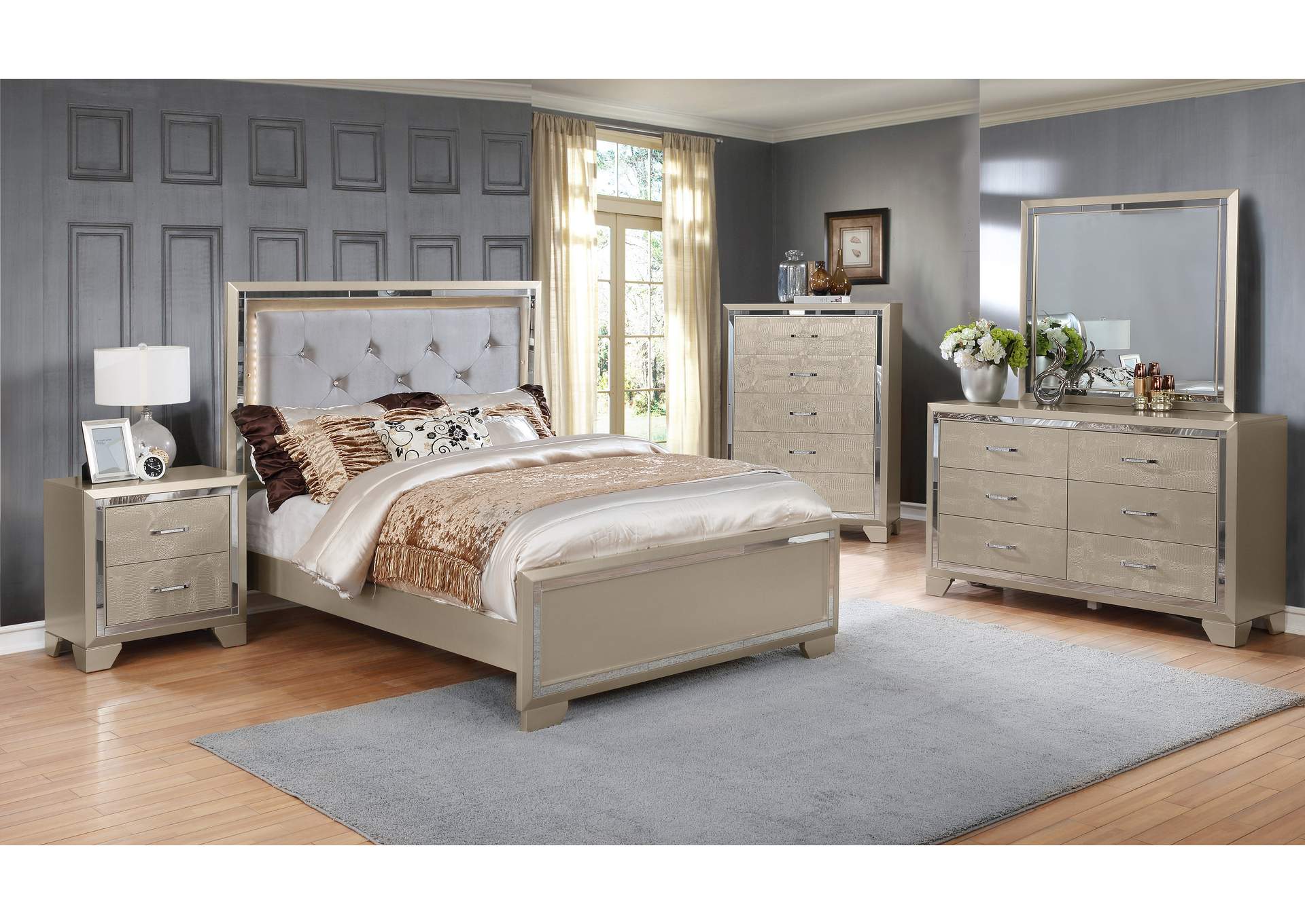 Rozzelli Pearl Panel Queen 4 Piece Bedroom Set W/ Chest, Dresser & Mirror,Global Trading