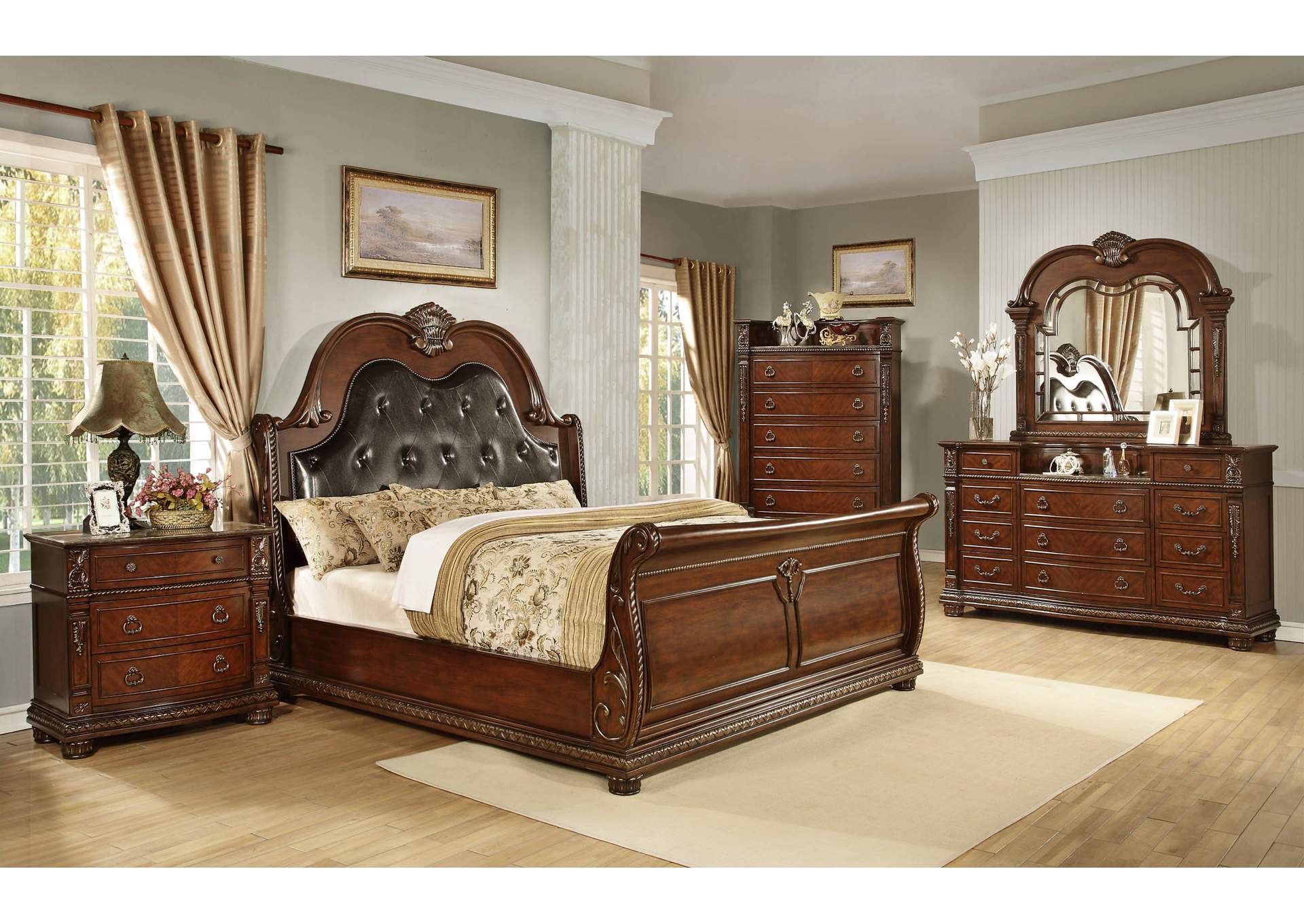 Lakeleigh Brown Sleigh Queen 4 Piece Bedroom Set W/ Chest, Dresser & Mirror,Global Trading