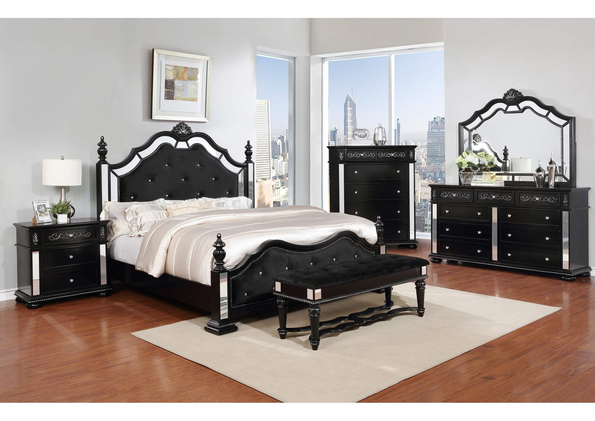 Black Panel Queen 5 Piece Bedroom Set W/ Nightstand, Chest, Dresser & Mirror,Global Trading