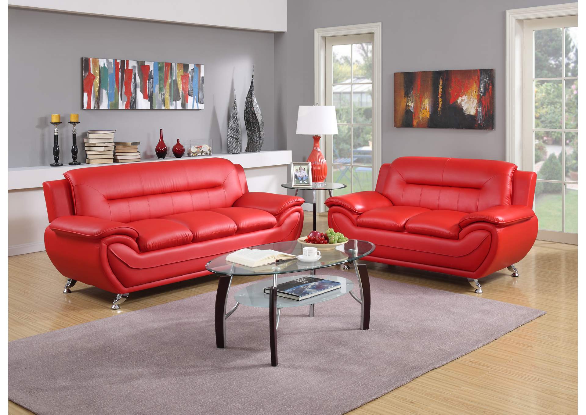U2703 Red Faux Leather Sofa And Loveseat,Global Trading