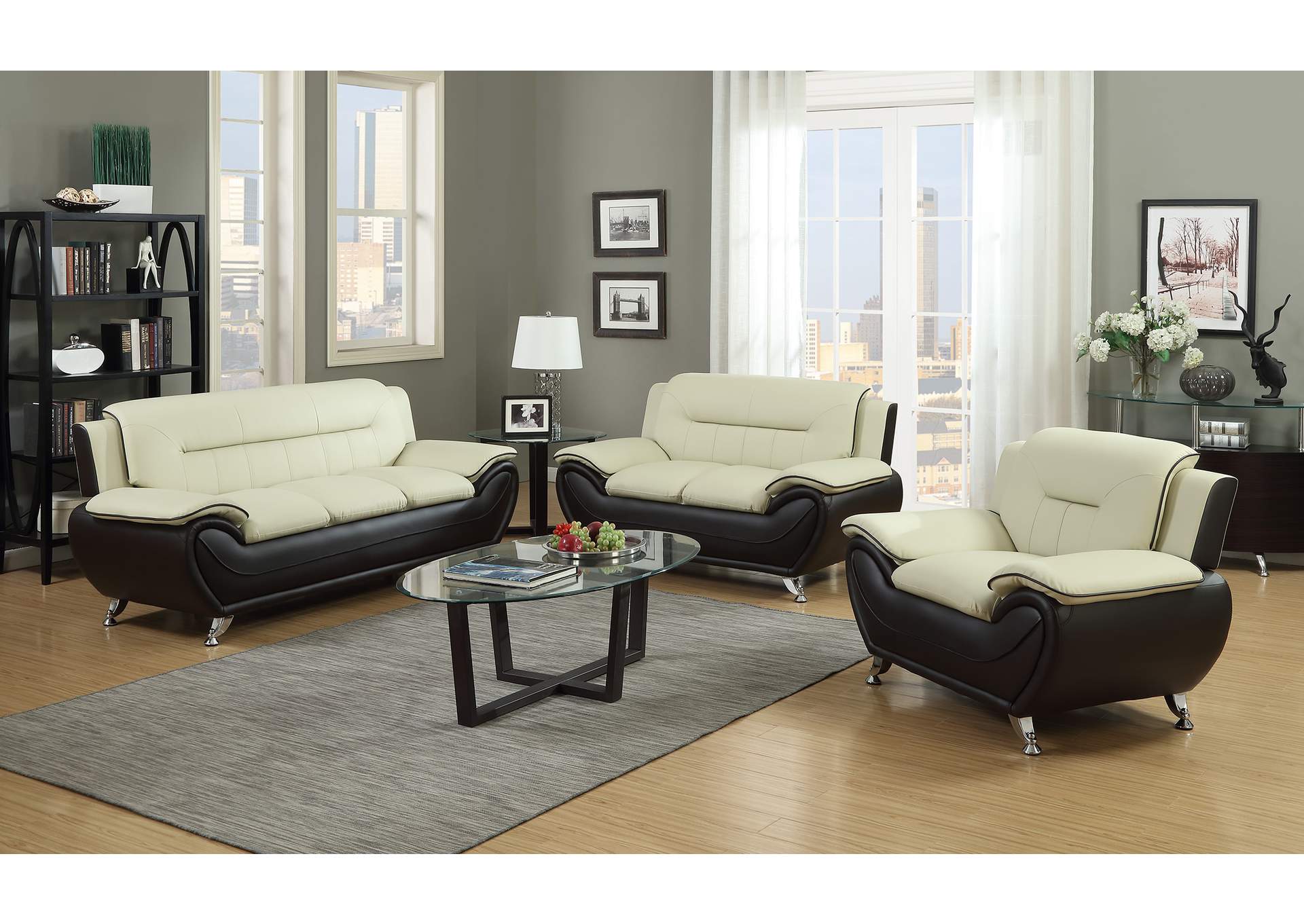 U2704 Beige On Brown Sofa And Loveseat And Chair,Global Trading