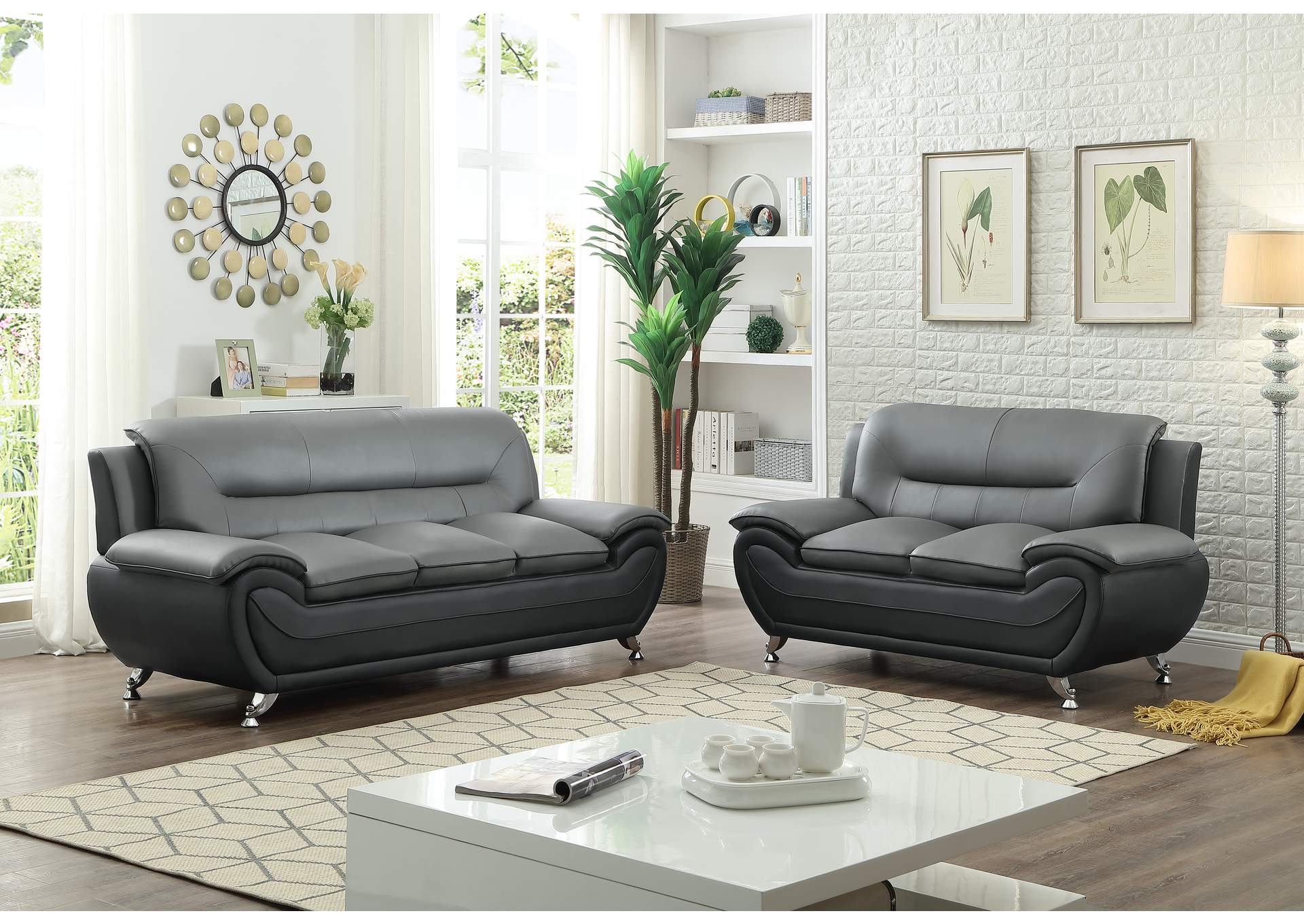 U2708 Grey On Black Sofa And Loveseat,Global Trading