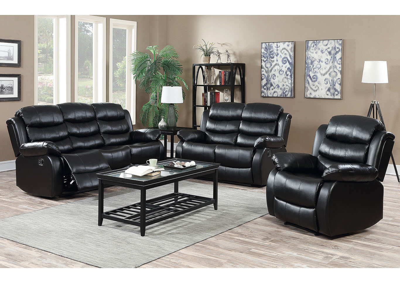 U9600 Black Faux Leather Reclining Sofa,Global Trading