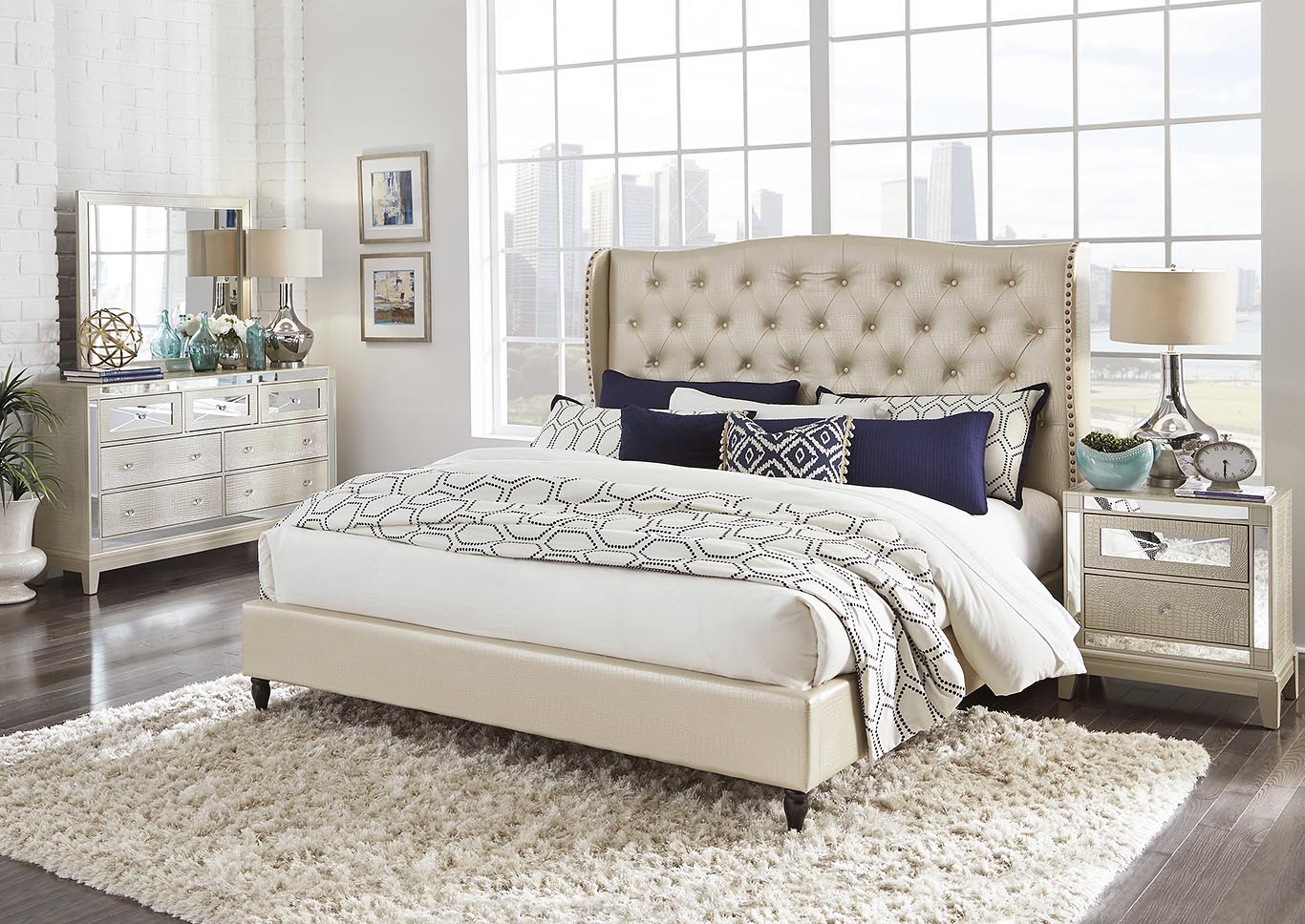 Mirror Upholstered Champagne King Bed, Champagne King Bed