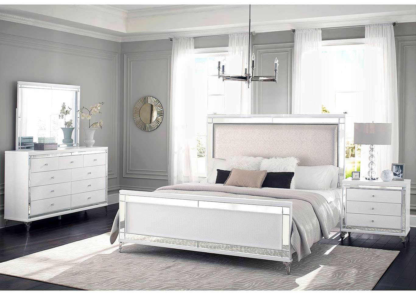 Catalina Metallic White Upholstered Queen Panel Bed,Global Furniture USA