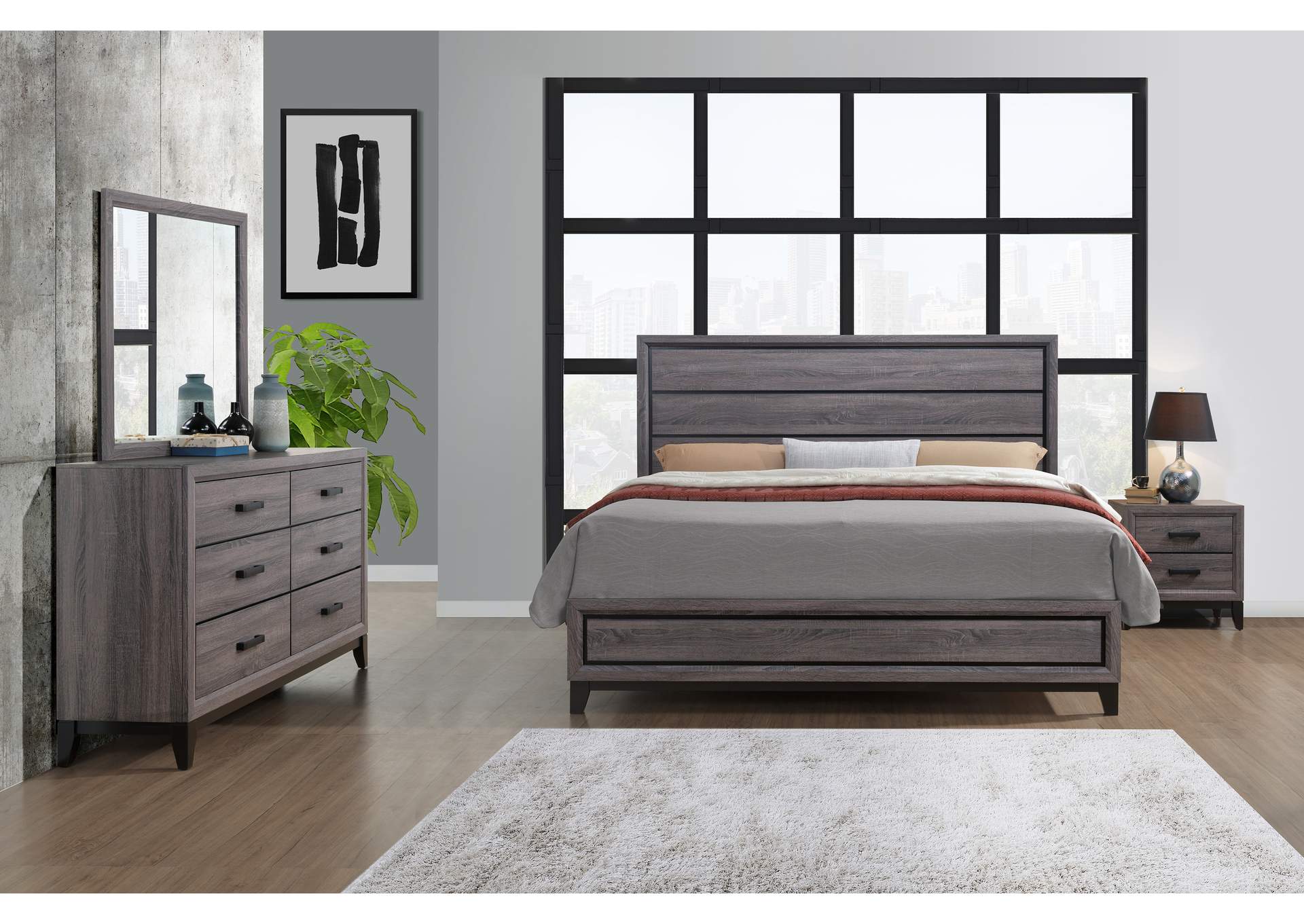 Kate Foil Grey King Panel Bed w/Dresser and Mirror,Global Furniture USA