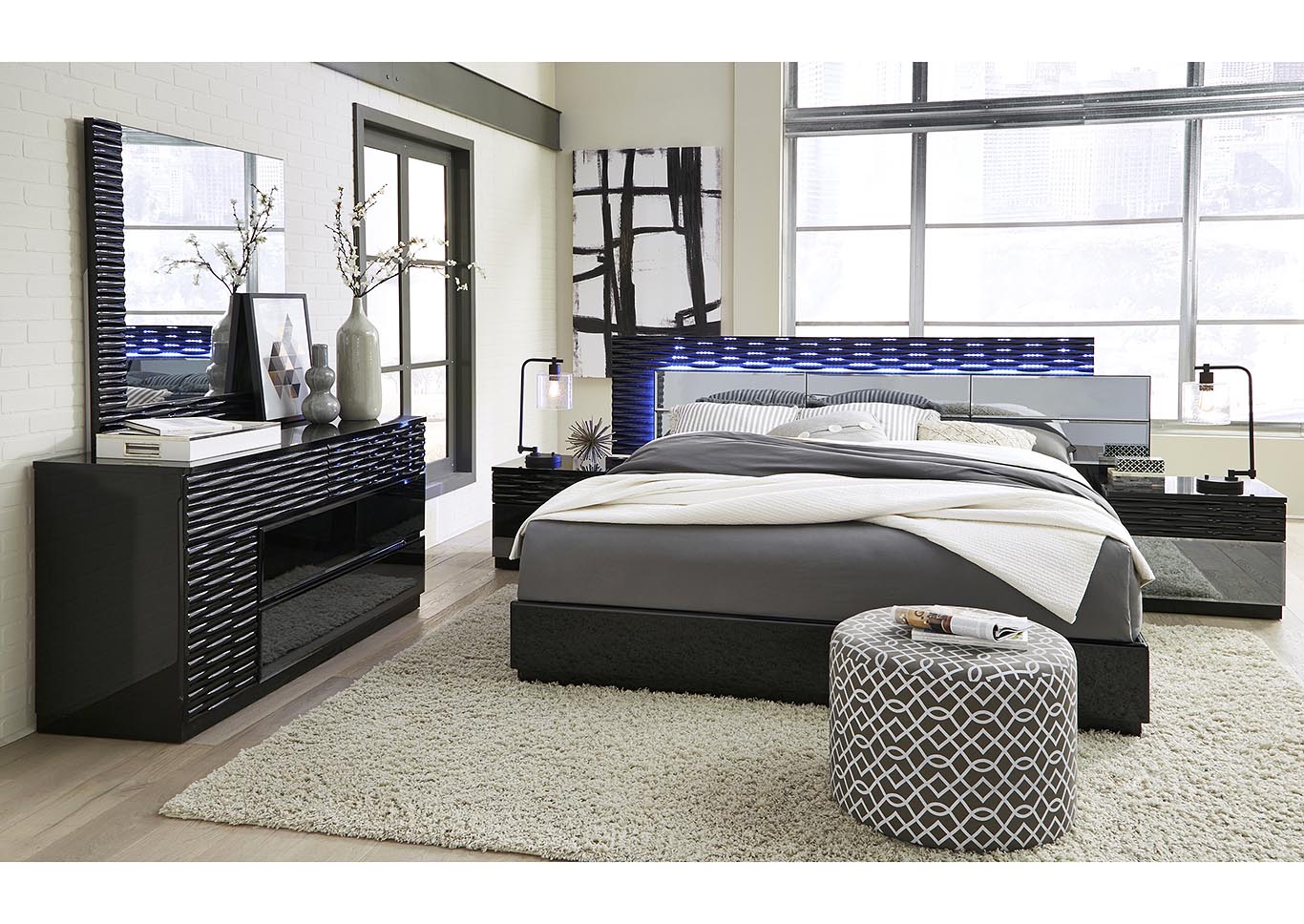 Manhattan Black Queen Platform Bed w/Dresser and Mirror,Global Furniture USA