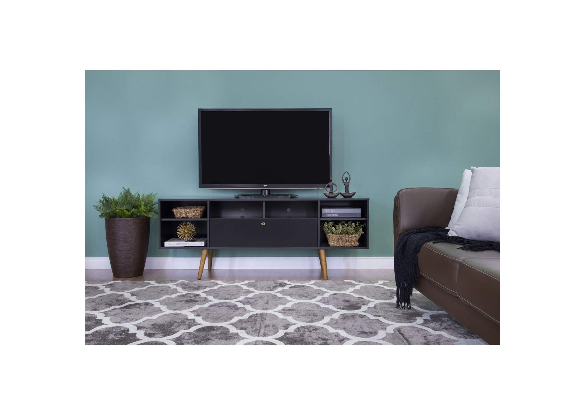 Black 63" Mid Century Modern TV Stand,Global Furniture USA