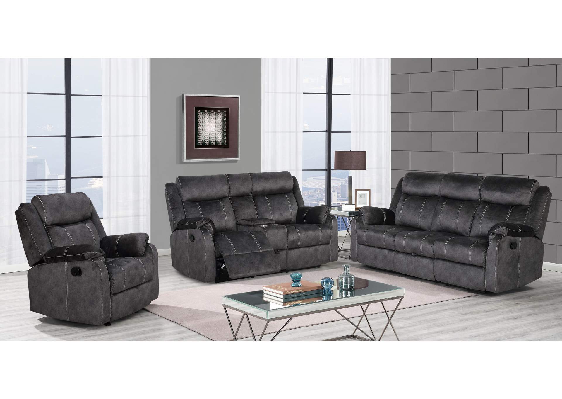 Grey Reclining Sofa W/ Drop Down Table & Drawer,Global Furniture USA