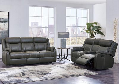 Gin Rummy Charcoal Reclining Sofa & Loveseat w/Console, Drop-Down Table & Drawer,Global Furniture USA